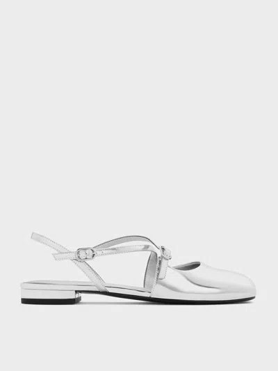 Charles & Keith - Metallic Crossover Buckled Slingback Flats In Silver