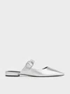 Charles & Keith - Metallic Crystal-buckle Pointed-toe Mules In Silver