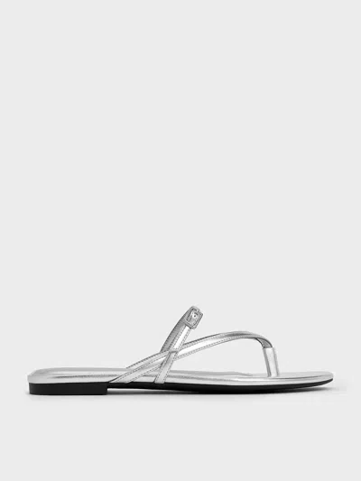 Charles & Keith - Metallic Crystal-buckle Strappy Thong Sandals In Silver