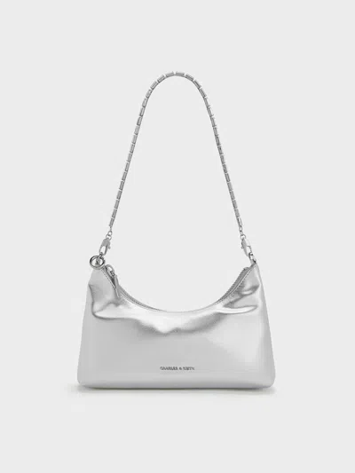 Charles & Keith - Metallic Crystal-embellished Chain-handle Two-way Bag In Dusk Silver