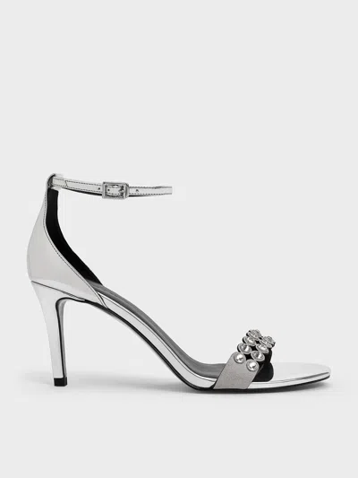 Charles & Keith - Metallic Crystal-embellished Heeled Ankle-strap Sandals In Silver