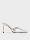 Charles & Keith - Metallic Crystal-embellished Pointed-toe Heeled Mules In Silver