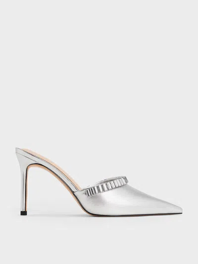 Charles & Keith - Metallic Crystal-embellished Pointed-toe Heeled Mules In Silver