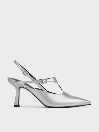 Charles & Keith - Metallic Cut-out Pointed-toe Slingback Pumps In Silver