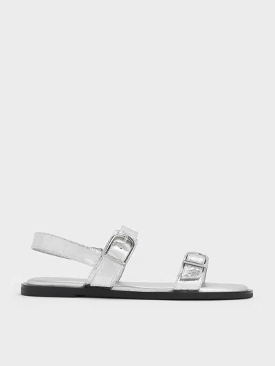 Charles & Keith - Metallic Double Buckle-strap Slingback Sandals In Silver