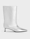Charles & Keith - Metallic Elongated Tapered-toe Kitten-heel Calf Boots In Silver