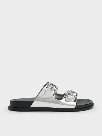 Charles & Keith Embellished Buckle Metallic Sandals In Silver