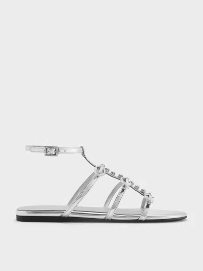 Charles & Keith - Metallic Gem-embellished Bow T-bar Sandals In Silver