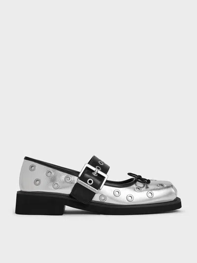 Charles & Keith - Metallic Grommet Buckled Mary Janes In Silver