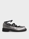 Charles & Keith - Metallic Heart-embellished Lace-up Ballet Flats In Pewter
