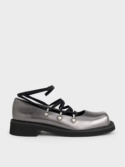 Charles & Keith - Metallic Heart-embellished Lace-up Ballet Flats In Pewter