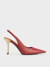 Charles & Keith - Metallic-heel Pointed-toe Slingback Pumps In Brick