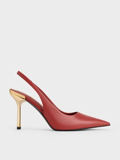 Charles & Keith - Metallic-heel Pointed-toe Slingback Pumps In Brick