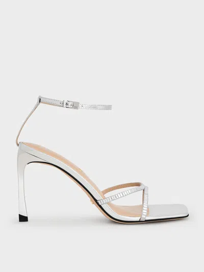 Charles & Keith - Metallic Leather & Satin Crystal-embellished Ankle-strap Sandals In Silver