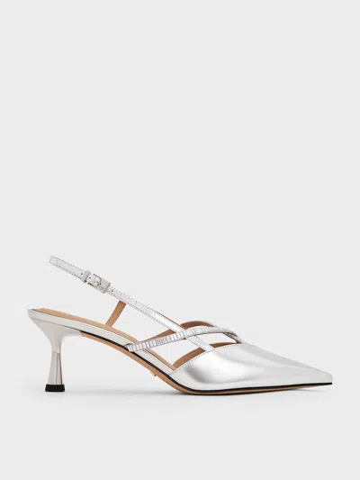 Charles & Keith - Metallic Leather & Satin Crystal-embellished Slingback Pumps In Silver