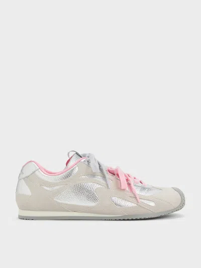 Charles & Keith - Metallic Leather & Suede Double-lace Sneakers In Silver