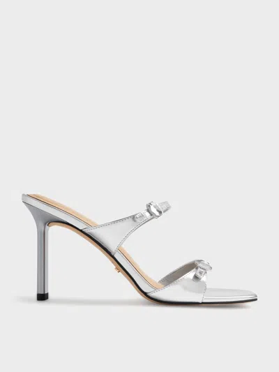 Charles & Keith - Metallic Leather Gem-buckle Double-strap Heeled Sandals In Silver