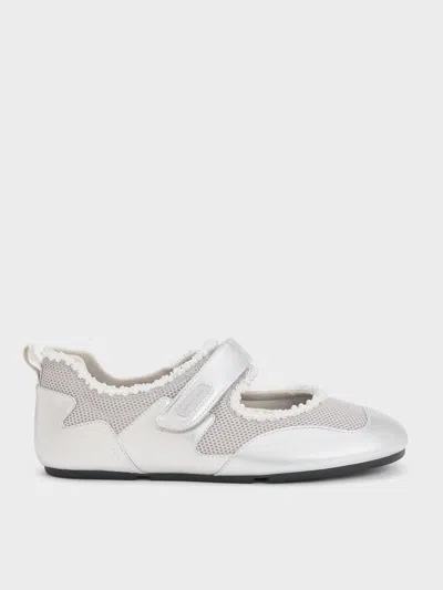 Charles & Keith - Metallic Mesh Pearl-embellished Mary Jane Sneakers In Silver