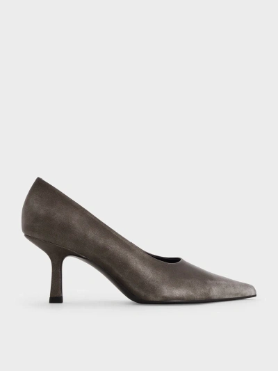 Charles & Keith - Metallic Pointed-toe Kitten-heel Pumps In Silver