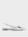 Charles & Keith Metallic Pointed-toe Slingback Flats In Silver