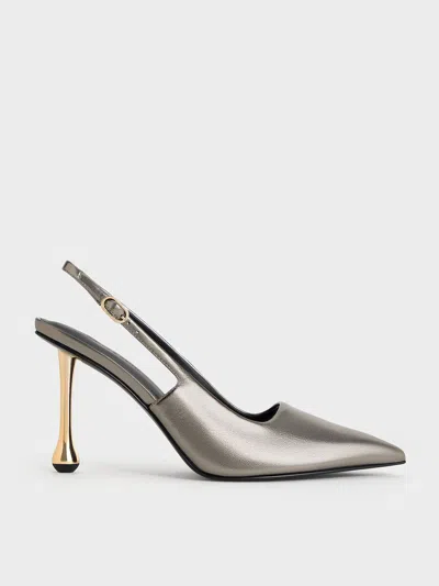 Charles & Keith - Metallic Sculptural-heel Pointed-toe Pumps In Pewter
