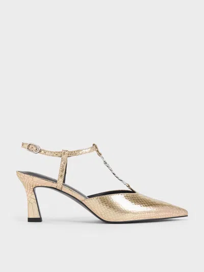 Charles & Keith - Metallic Snake-effect T-bar Chain-link Pointed-toe Pumps In Animal Print Gold