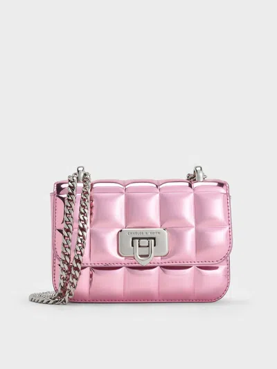 Charles & Keith - Metallic Square-quilted Chain-handle Bag In Pink