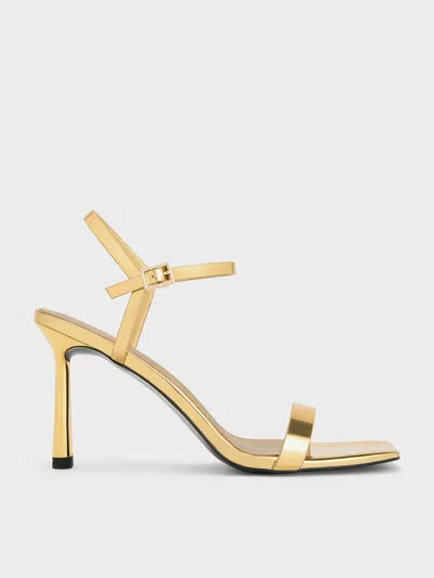 Charles & Keith - Metallic Square-toe Ankle-strap Heeled Sandals In Gold