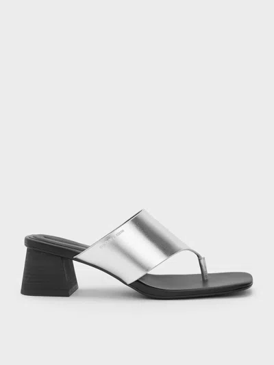 Charles & Keith - Metallic Square-toe Heeled Thong Sandals In Silver