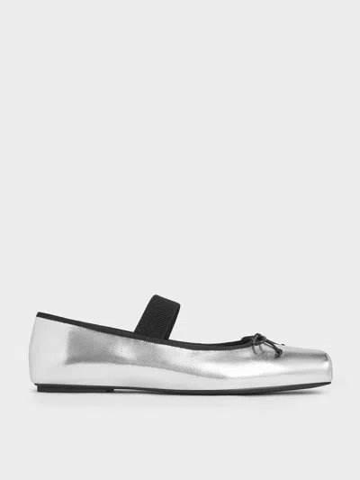 Charles & Keith - Metallic Square-toe Mary Jane Ballet Flats In Silver