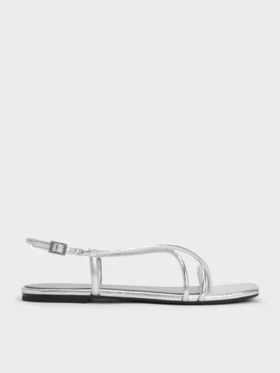 Charles & Keith - Metallic Strappy Crossover Slingback Sandals In Silver