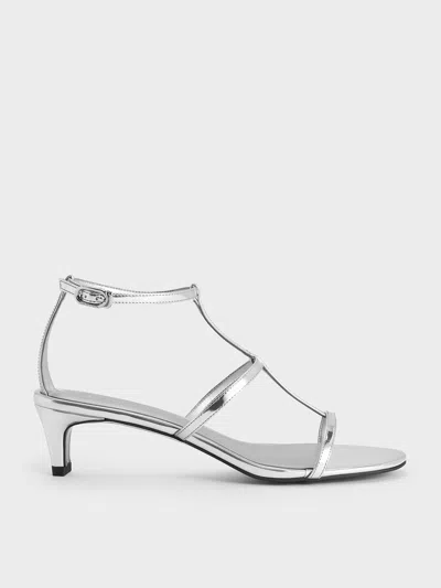 Charles & Keith - Metallic T-bar Kitten-heel Ankle-strap Sandals In Silver
