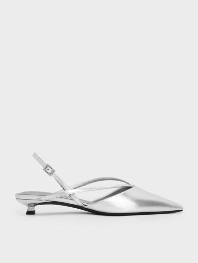 Charles & Keith - Metallic V-strap Pointed-toe Slingback Kitten Heels In Silver
