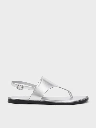 Charles & Keith - Metallic V-strap Slingback Thong Sandals In Silver