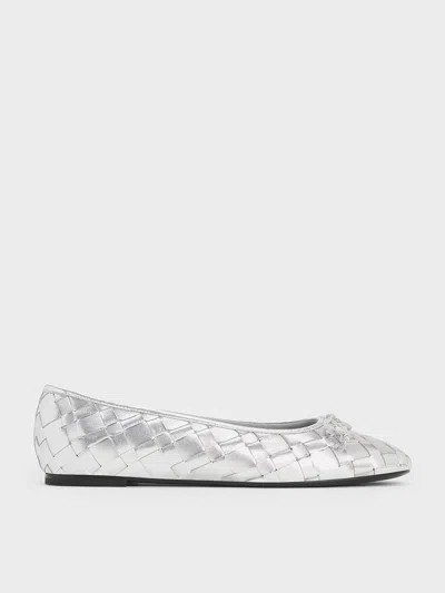 Charles & Keith - Metallic Woven Bow Ballet Flats In Silver