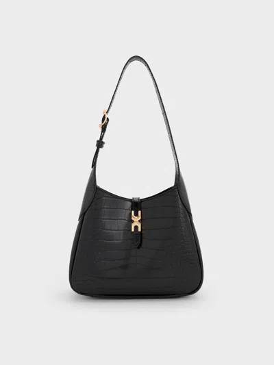 Charles & Keith - Mini Adalyn Croc-effect Metallic-buckle Belted Hobo Bag In Black