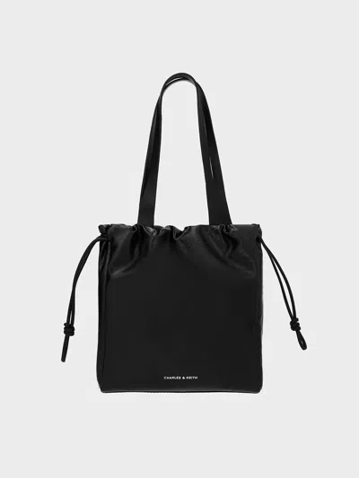 Charles & Keith - Mini Bethel Crinkle-effect Ruched Drawstring Tote Bag In Black
