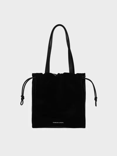 Charles & Keith - Mini Bethel Shiny Ruched Drawstring Tote Bag In Jet Black