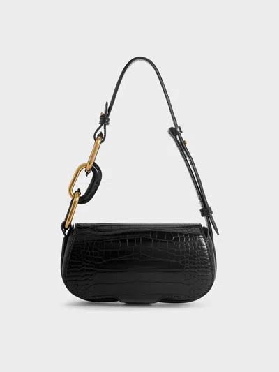 Charles & Keith - Mini Kora Croc-effect Metallic-accent Elongated Bag In Black