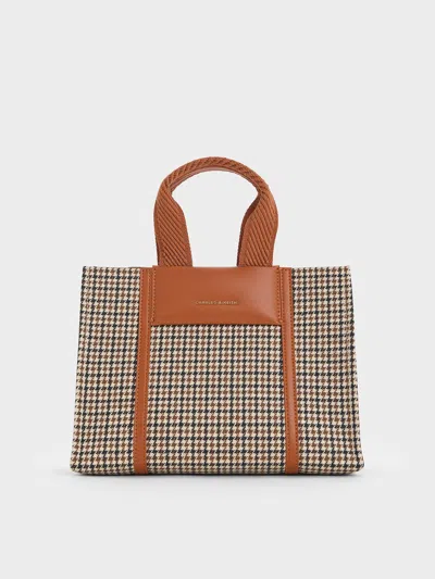 Charles & Keith - Mini Shalia Checkered Tote Bag In Cognac