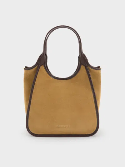Charles & Keith - Mini Sianna Recycled Suede Contrast-trim Tote Bag In Sand
