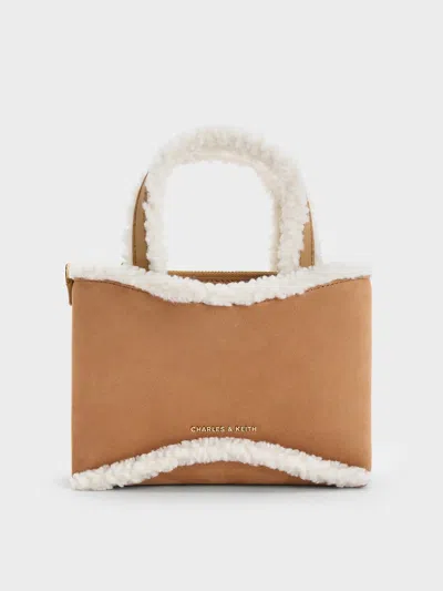 Charles & Keith - Mini Sybill Textured Fur-trim Tote Bag In Brown