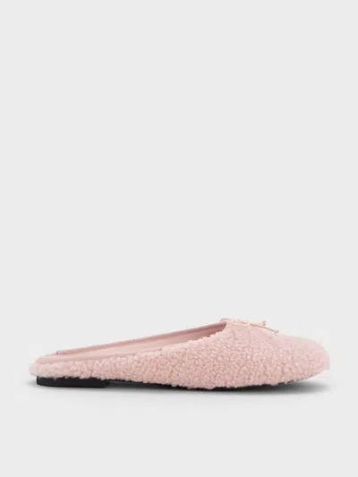Charles & Keith - Nancy Faux Shearling Bow Ballet Mules In Pink