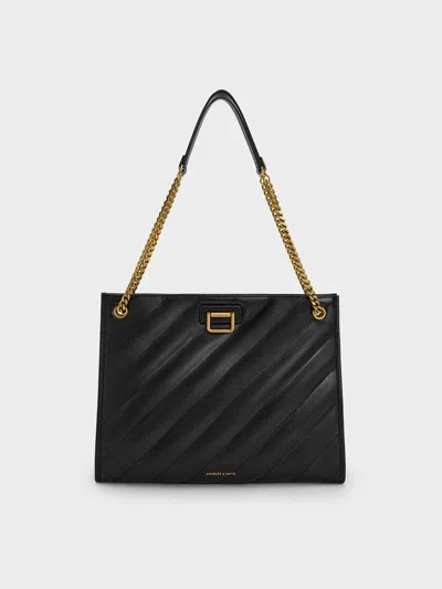 Charles & Keith - Neva Panelled Chain-strap Tote Bag In Black