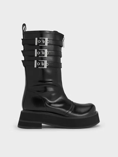 Charles & Keith - Nikki Triple-buckle Calf Boots In Black