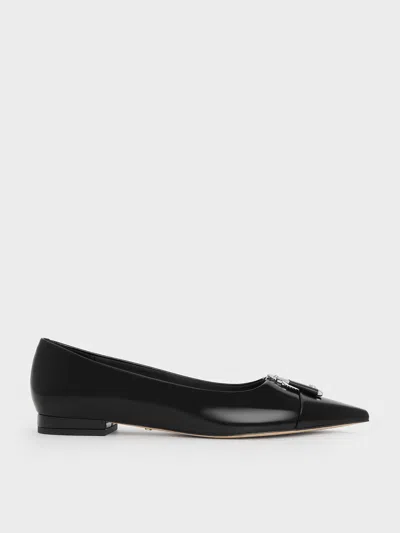 Charles & Keith - Nina Leather Pointed Cap-toe Flats In Black Box