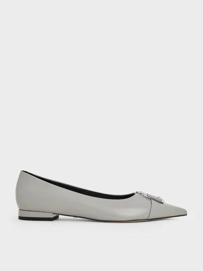 Charles & Keith - Nina Leather Pointed Cap-toe Flats In Grey