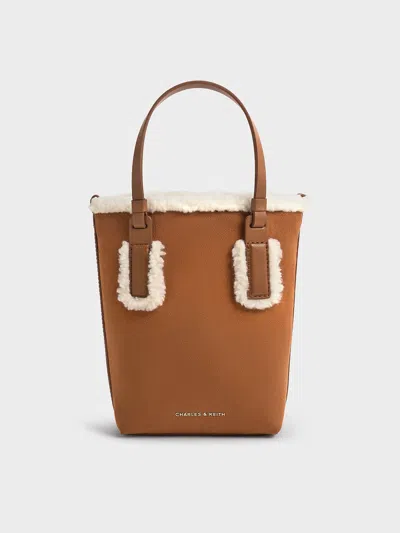 Charles & Keith - Noelle Faux Suede Fur-trim Elongated Tote In Brown