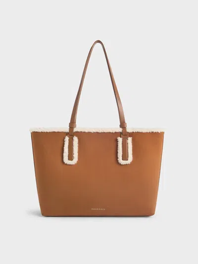 Charles & Keith - Noelle Faux Suede Fur-trim Tote Bag In Brown