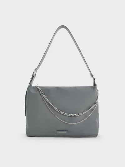 Charles & Keith - Nylon Chain-link Slouchy Shoulder Bag In Grey